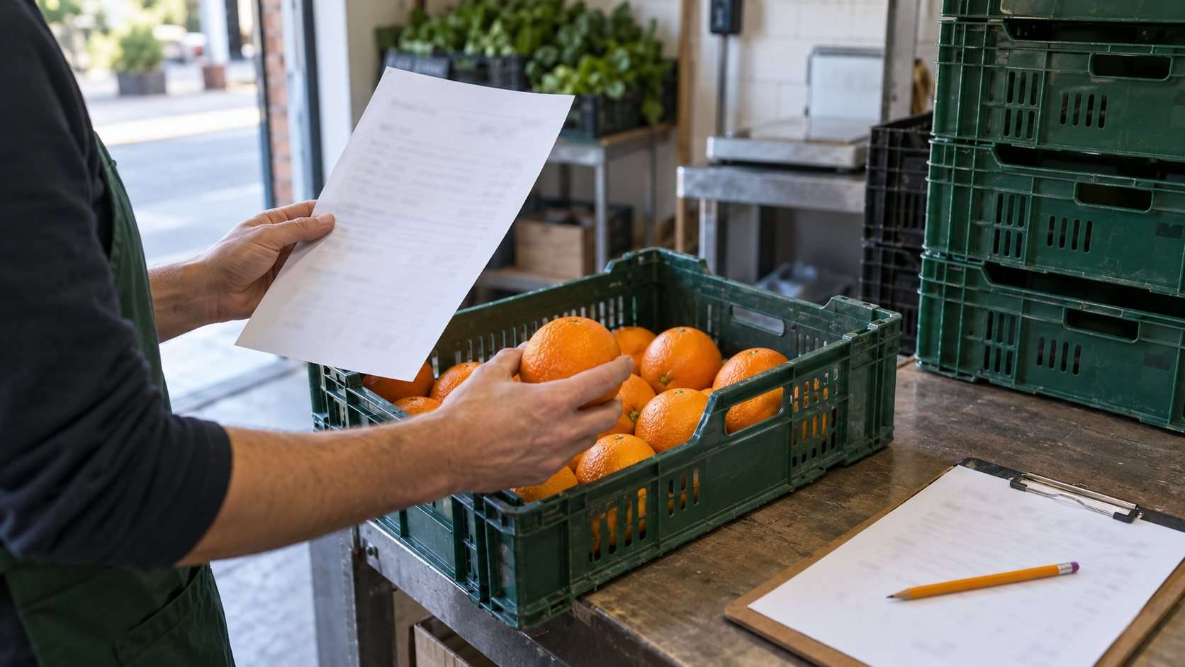 Una persona compara una entrega de fruta con su albarán en la zona de recepción.