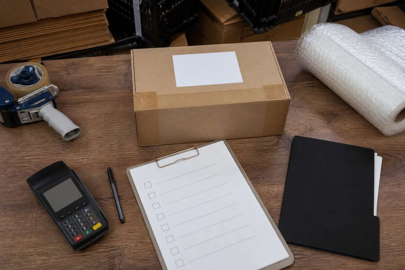 Pedido de prueba con caja, etiqueta neutra, terminal de pago y lista de comprobación
